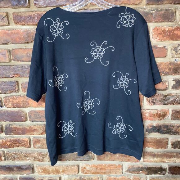 The Tog Shop Black Beige Floral Beaded Embroidered Short Sleeve Top Women's XL - Picture 6 of 6